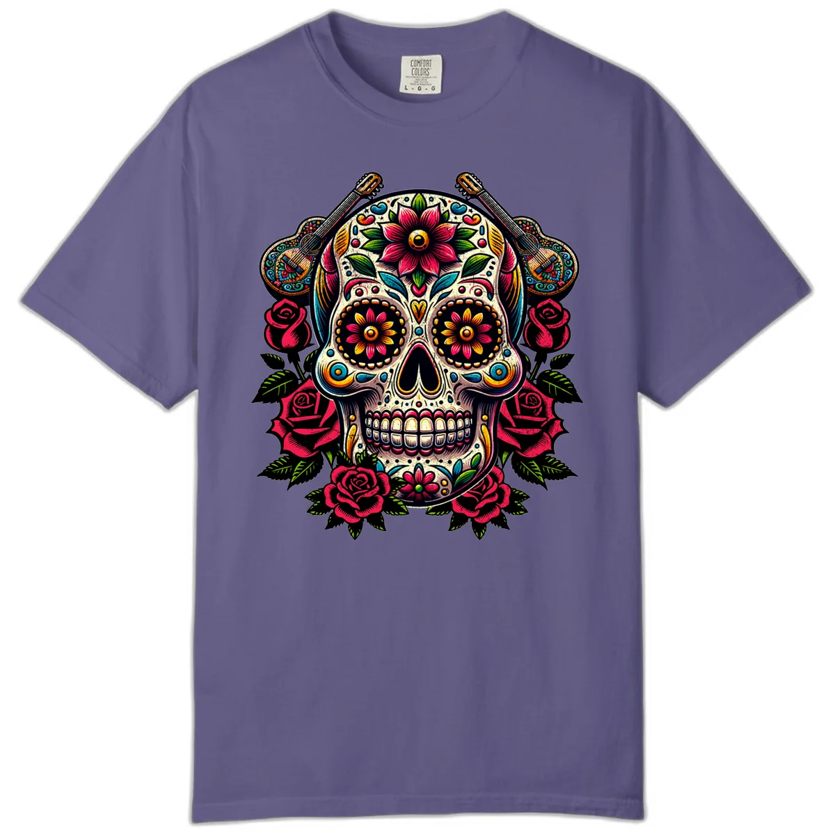 Vibrant Calavera with Guitars and Roses Comfort Color in Grape