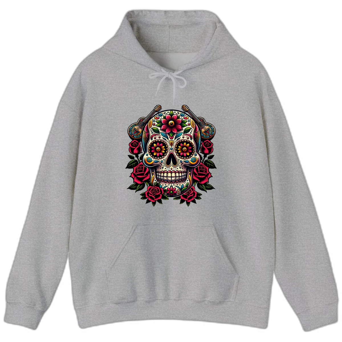Vibrant Calavera with Guitars and Roses Hoodie in Sport Grey
