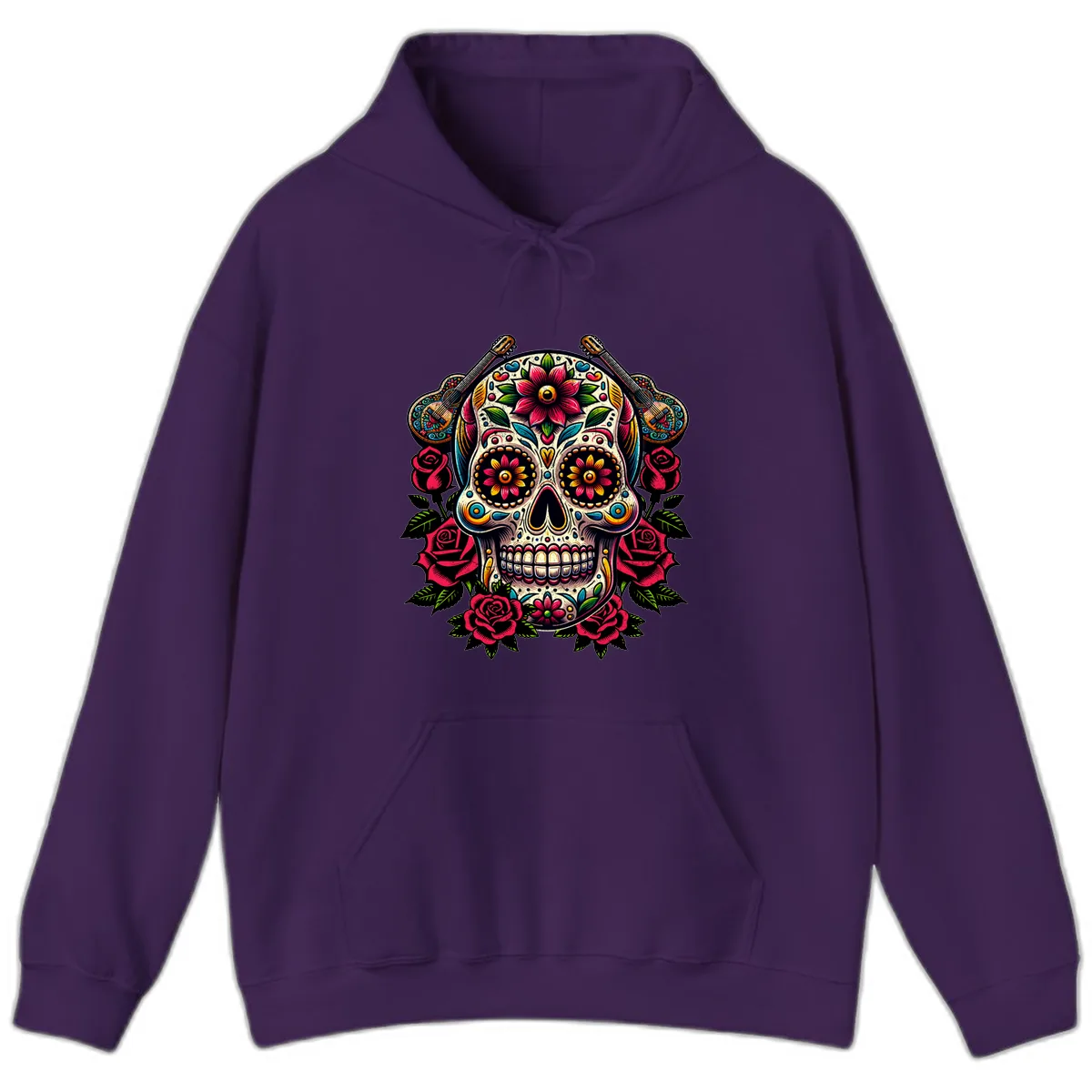 Vibrant Calavera with Guitars and Roses Hoodie in Purple