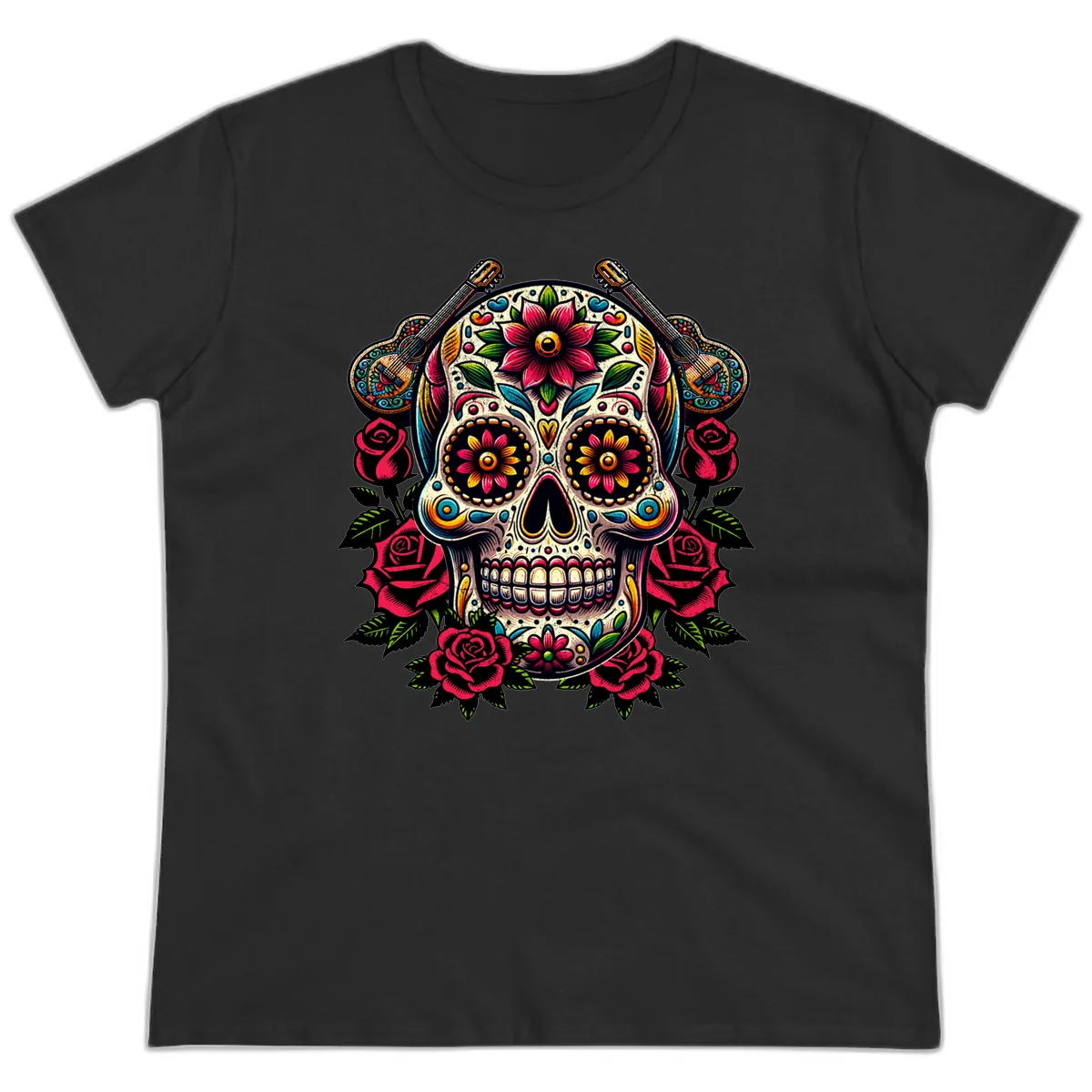 Vibrant Calavera with Guitars and Roses Ladies Tee in Black