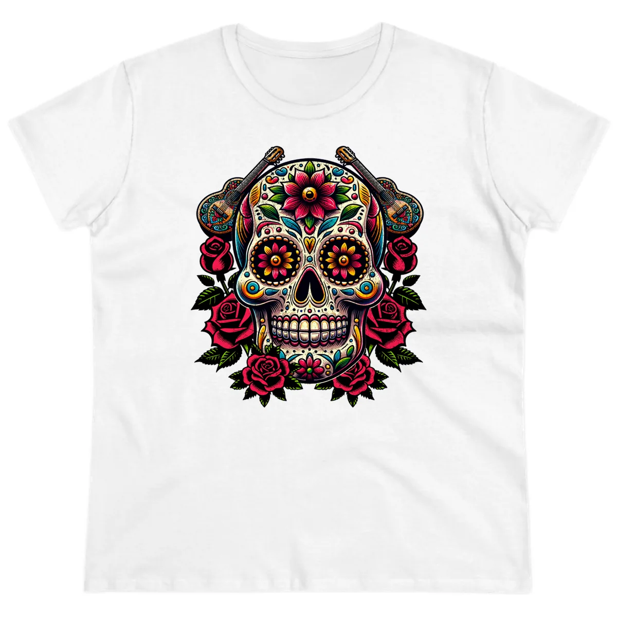 Vibrant Calavera with Guitars and Roses Ladies Tee in White