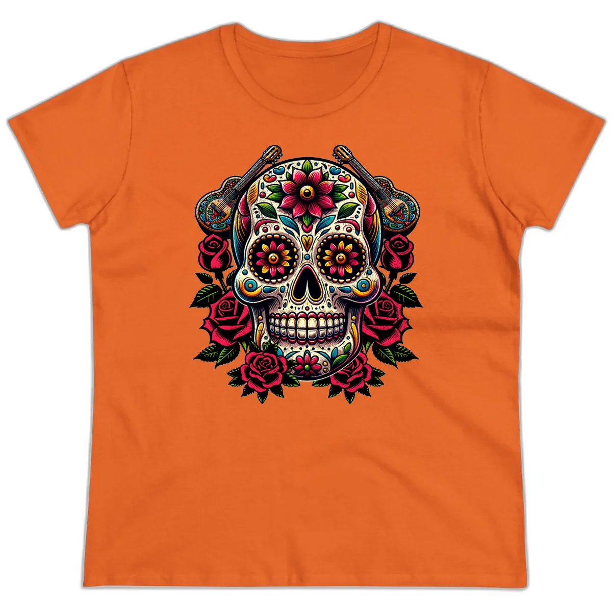 Vibrant Calavera with Guitars and Roses Ladies Tee in Orange