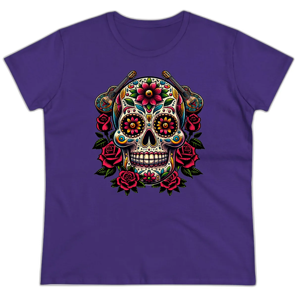 Vibrant Calavera with Guitars and Roses Ladies Tee in Purple