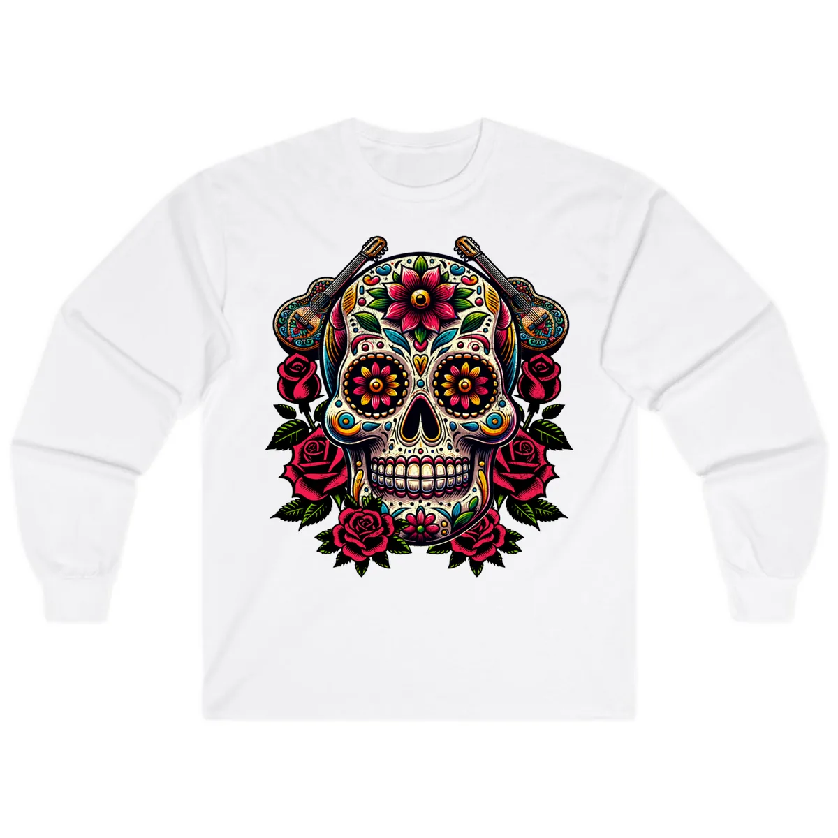 Vibrant Calavera with Guitars and Roses Long Sleeve in White