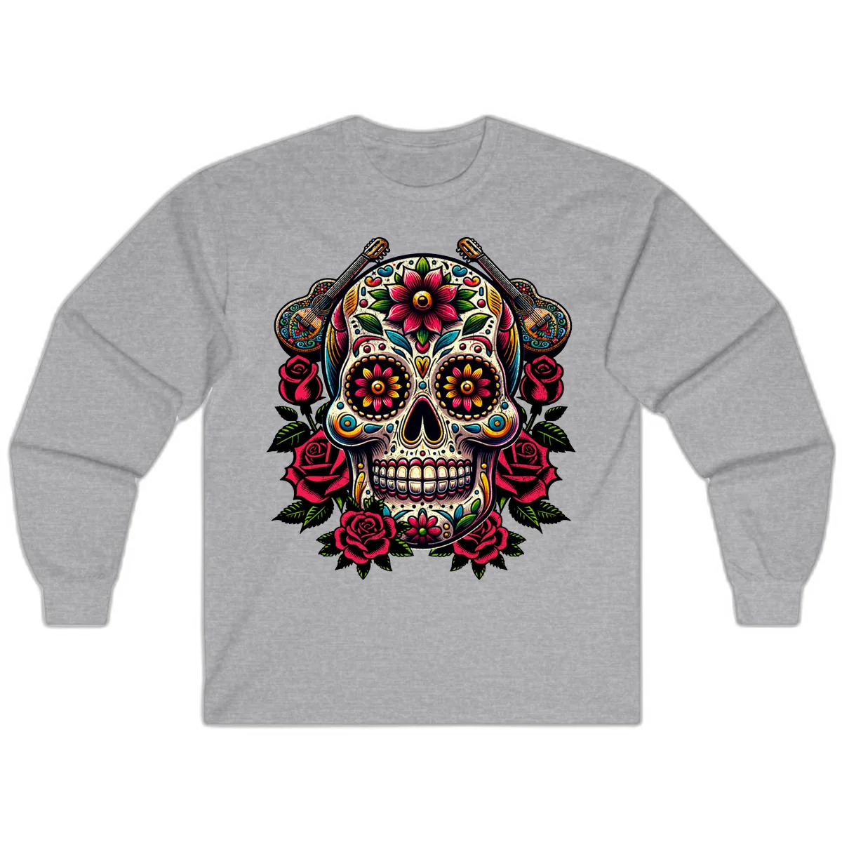 Vibrant Calavera with Guitars and Roses Long Sleeve in Sport Grey