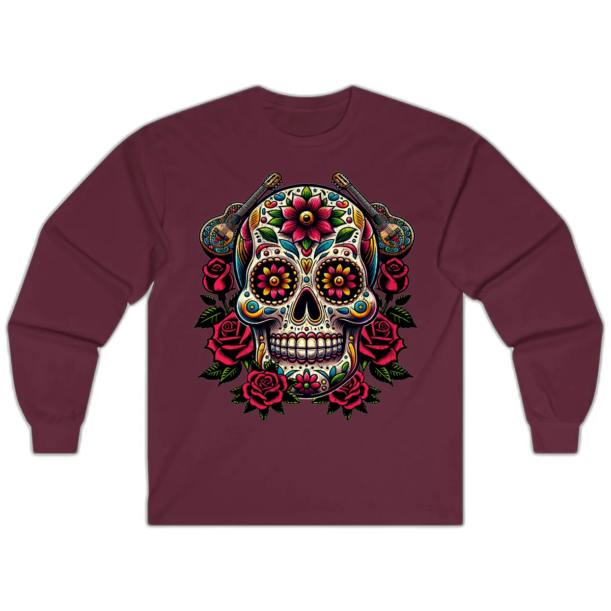Vibrant Calavera with Guitars and Roses Long Sleeve in Maroon