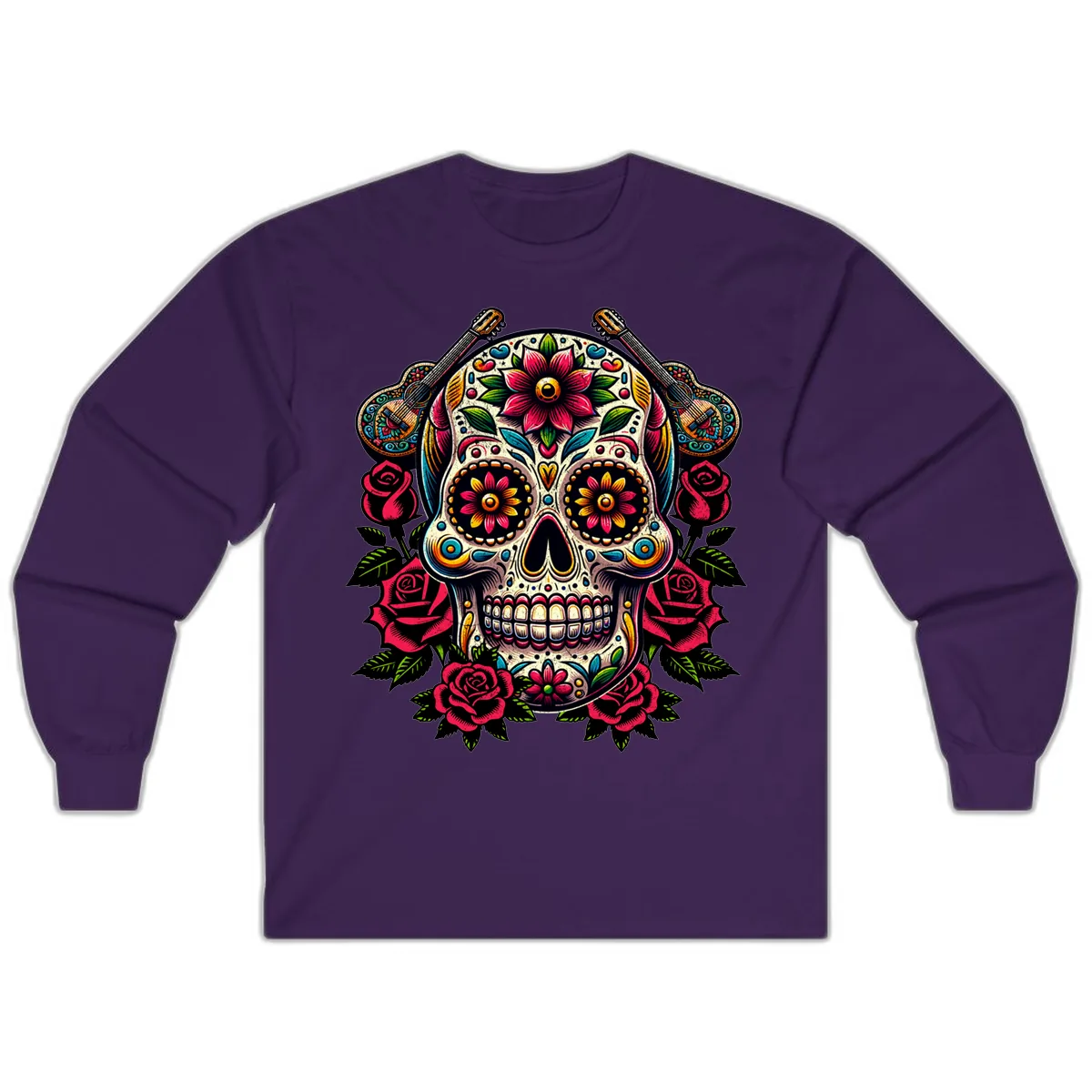 Vibrant Calavera with Guitars and Roses Long Sleeve in Purple