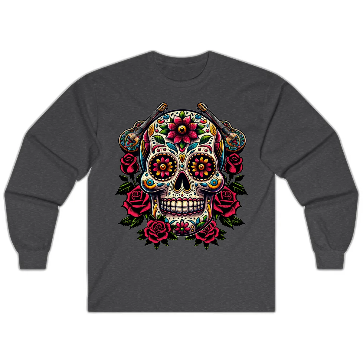 Vibrant Calavera with Guitars and Roses Long Sleeve in Dark Heather