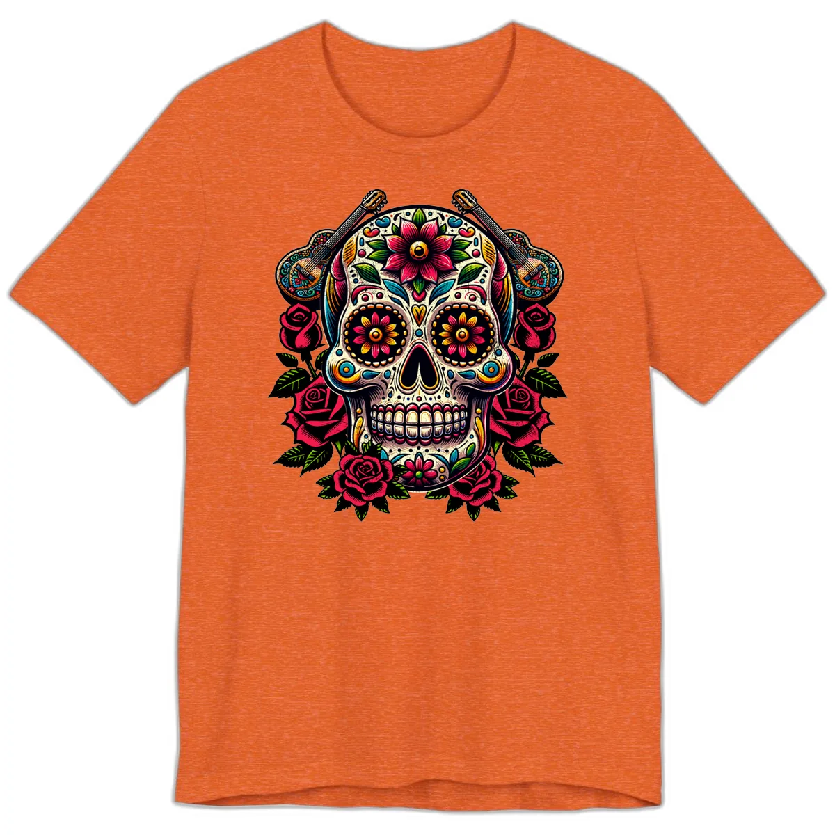 Vibrant Calavera with Guitars and Roses Premium T-Shirt in Heather Orange