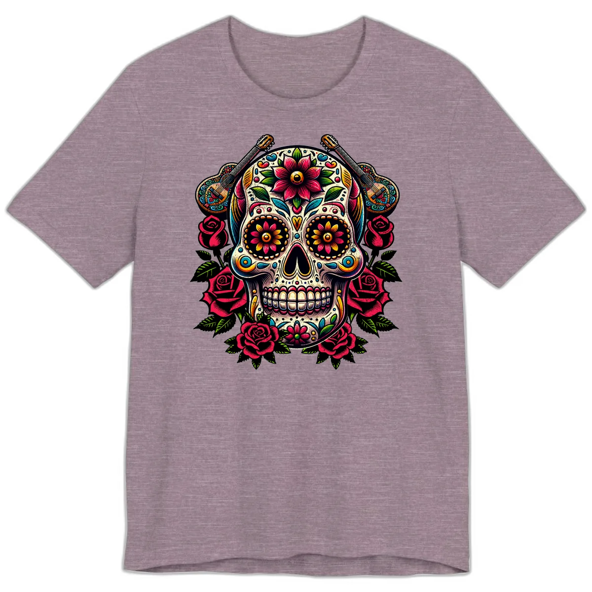 Vibrant Calavera with Guitars and Roses Premium T-Shirt in Heather Purple