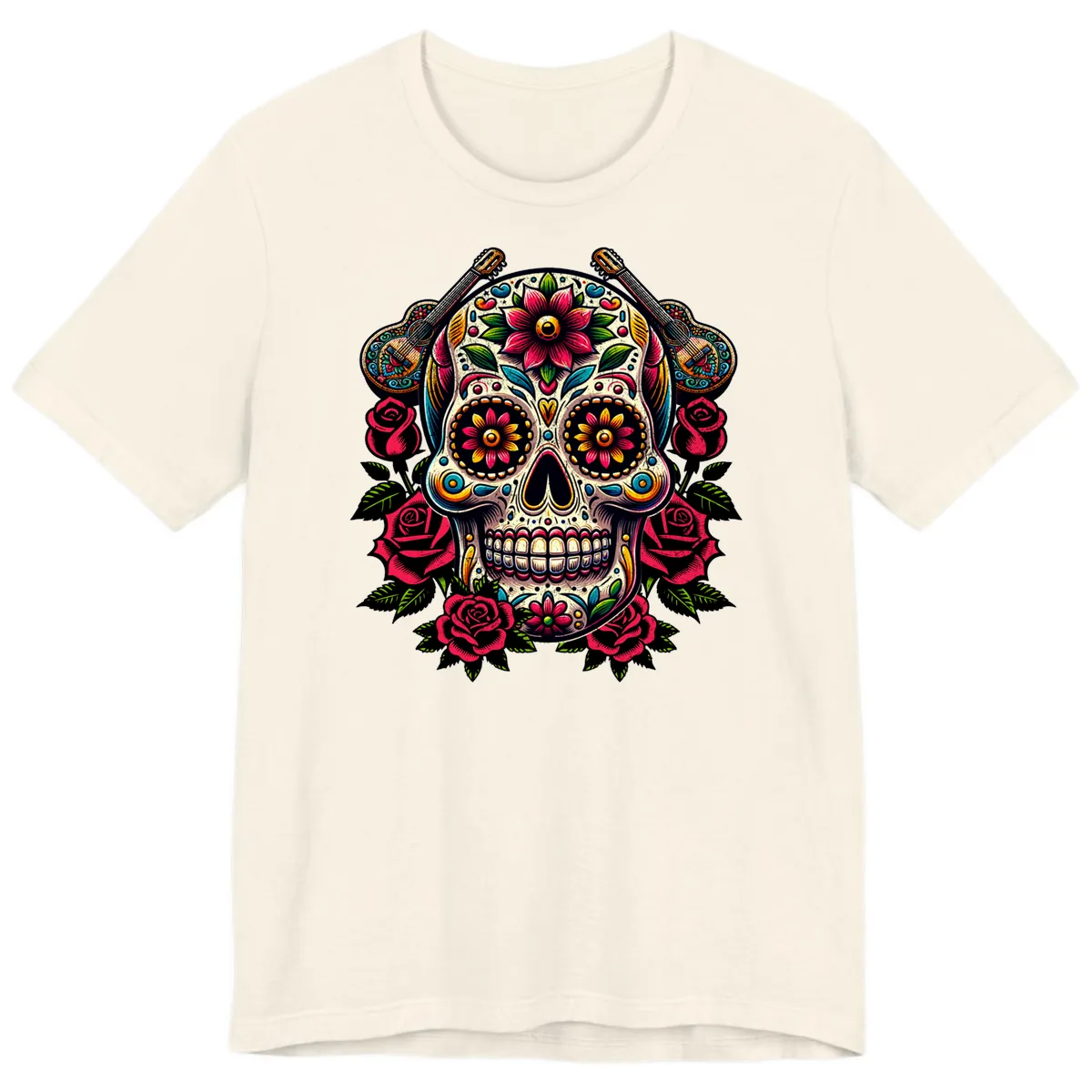 Vibrant Calavera with Guitars and Roses Premium T-Shirt in Natural