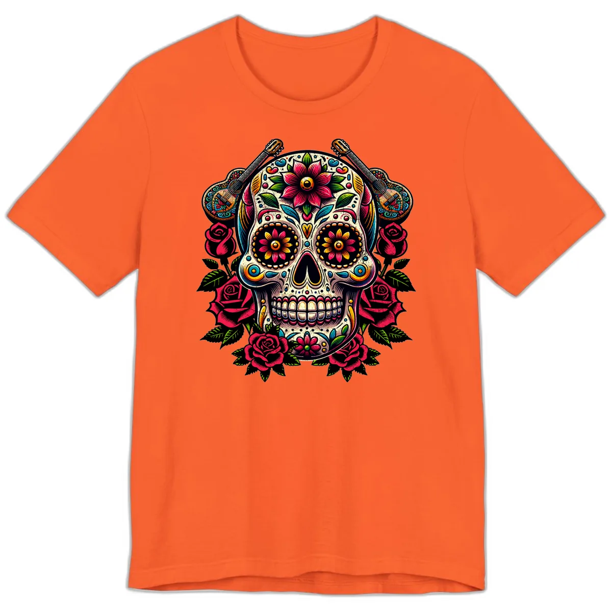 Vibrant Calavera with Guitars and Roses Premium T-Shirt in Orange