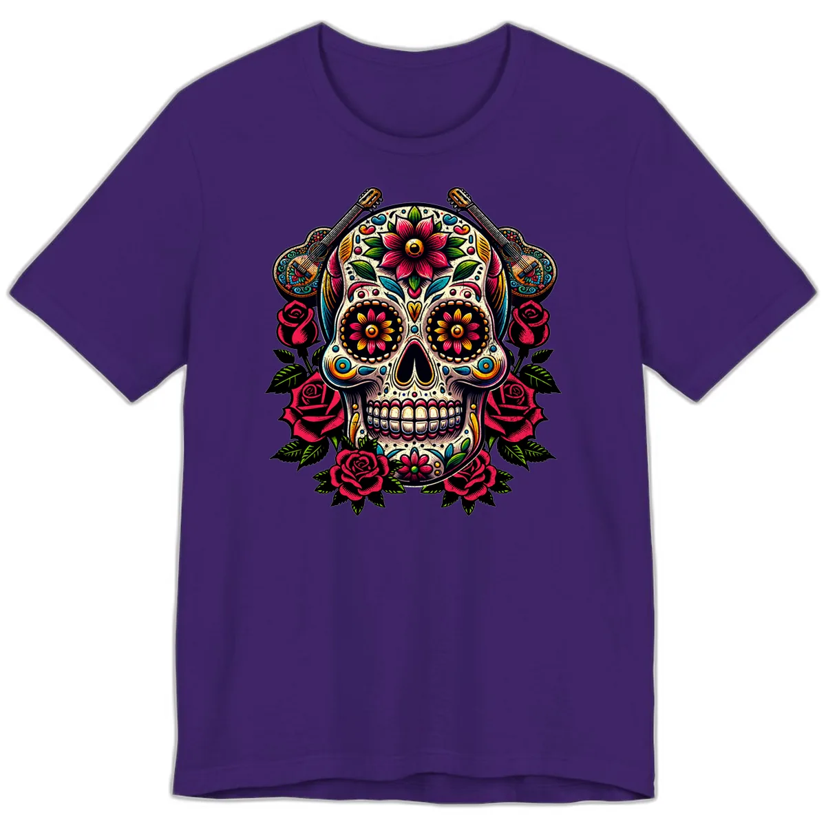 Vibrant Calavera with Guitars and Roses Premium T-Shirt in Team Purple