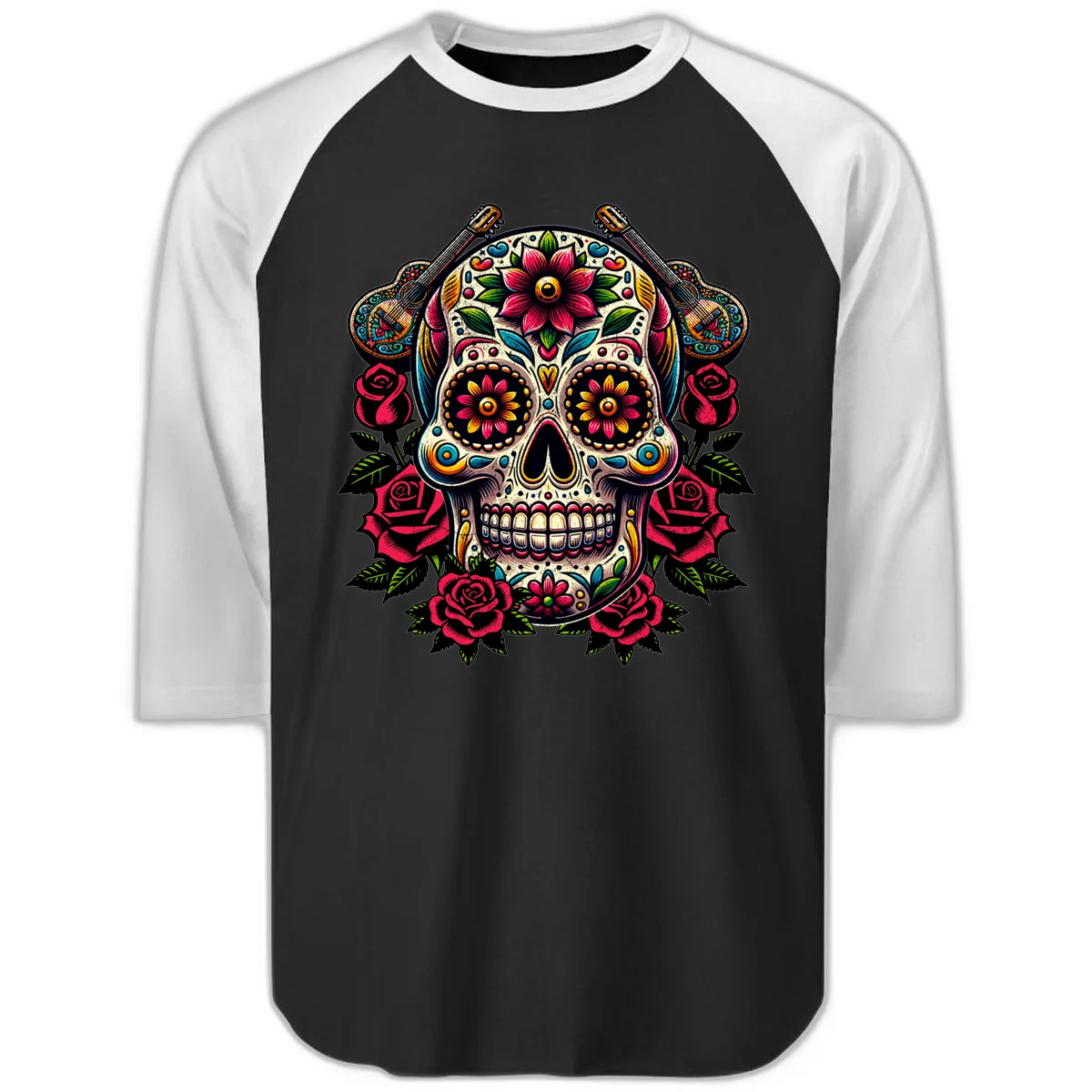 Vibrant Calavera with Guitars and Roses Raglan 3/4 in Black White