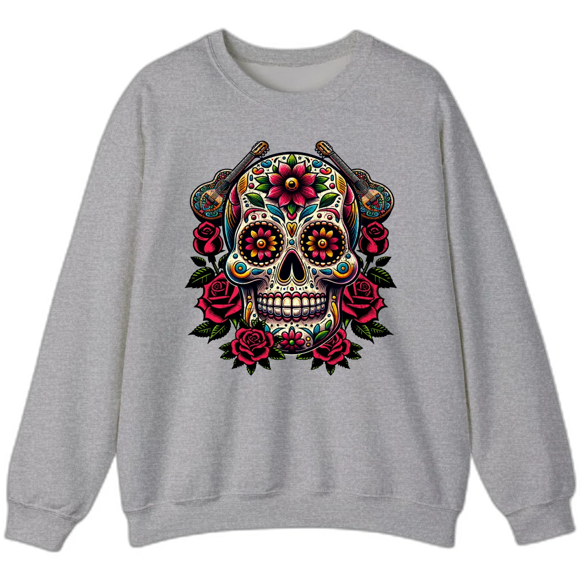 Vibrant Calavera with Guitars and Roses Sweatshirt in Sport Grey