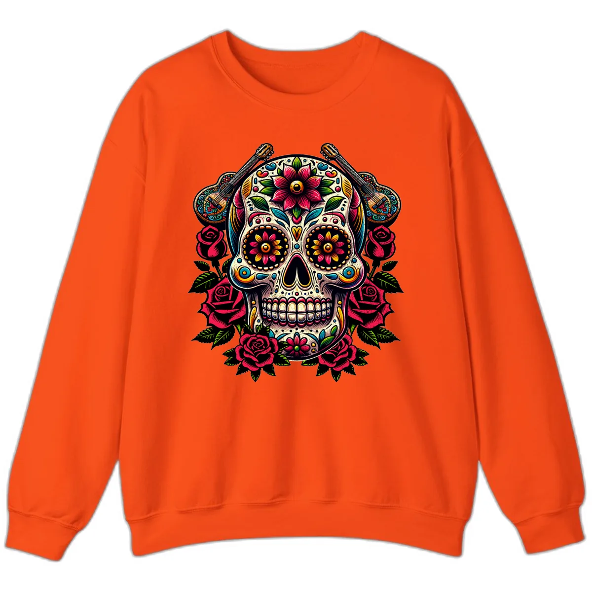 Vibrant Calavera with Guitars and Roses Sweatshirt in Orange