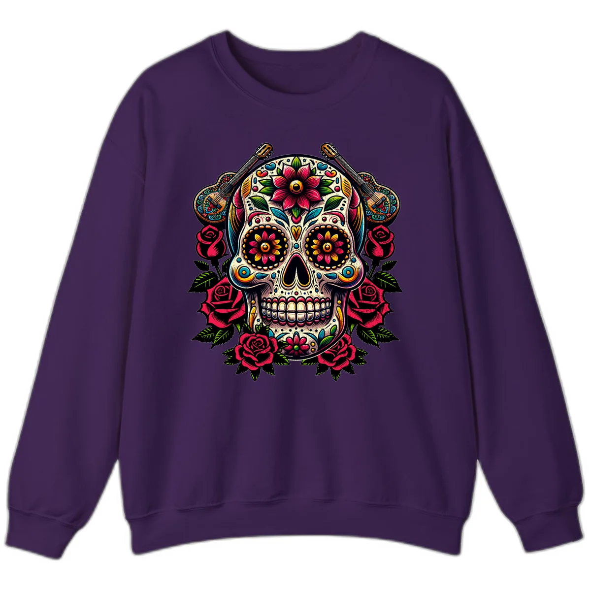 Vibrant Calavera with Guitars and Roses Sweatshirt in Purple