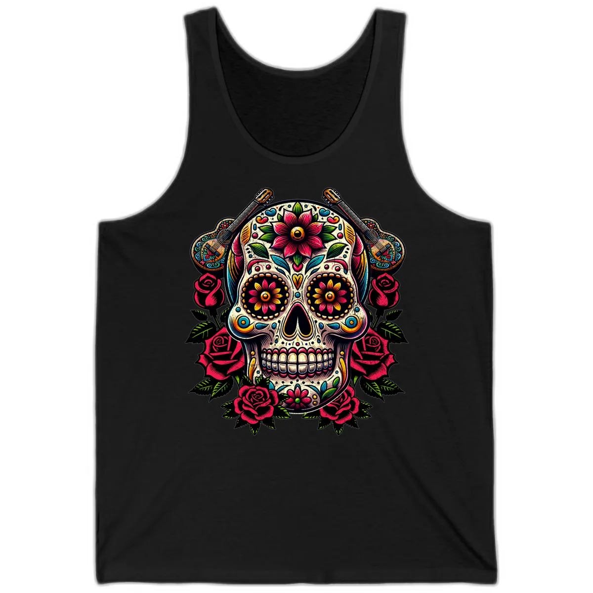 Vibrant Calavera with Guitars and Roses Tank in Black