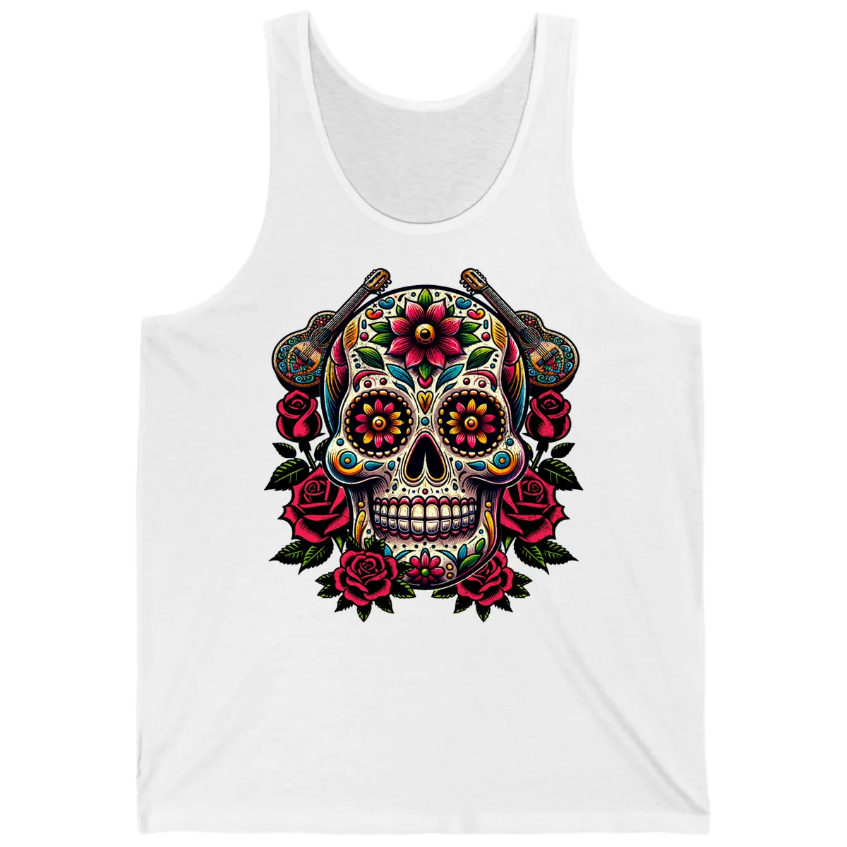 Vibrant Calavera with Guitars and Roses Tank in White