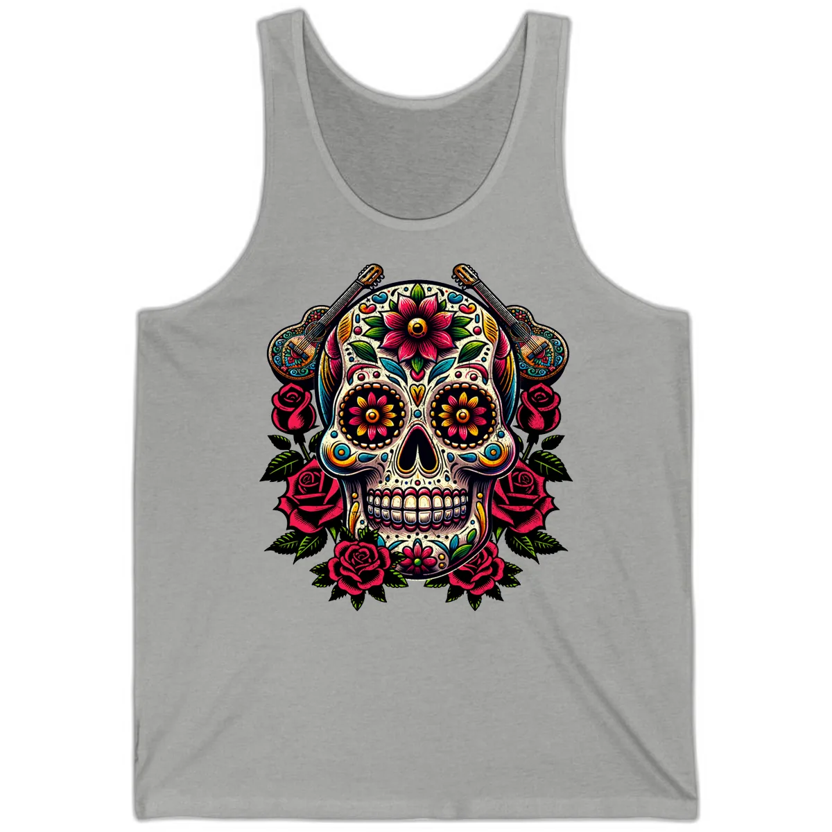 Vibrant Calavera with Guitars and Roses Tank in Athletic Heather
