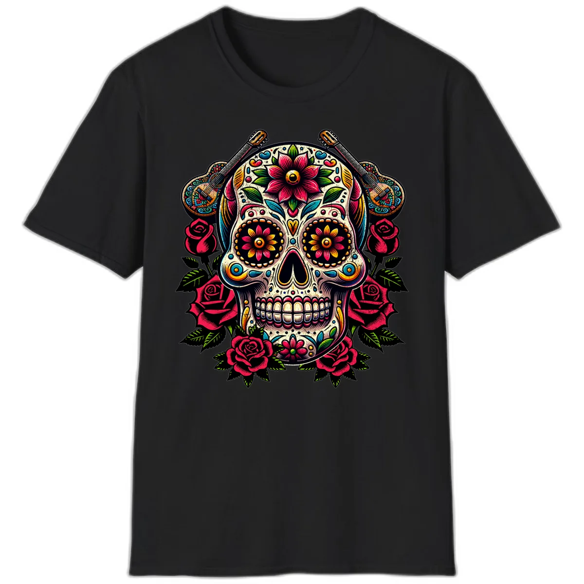 Vibrant Calavera with Guitars and Roses T-Shirt in Black