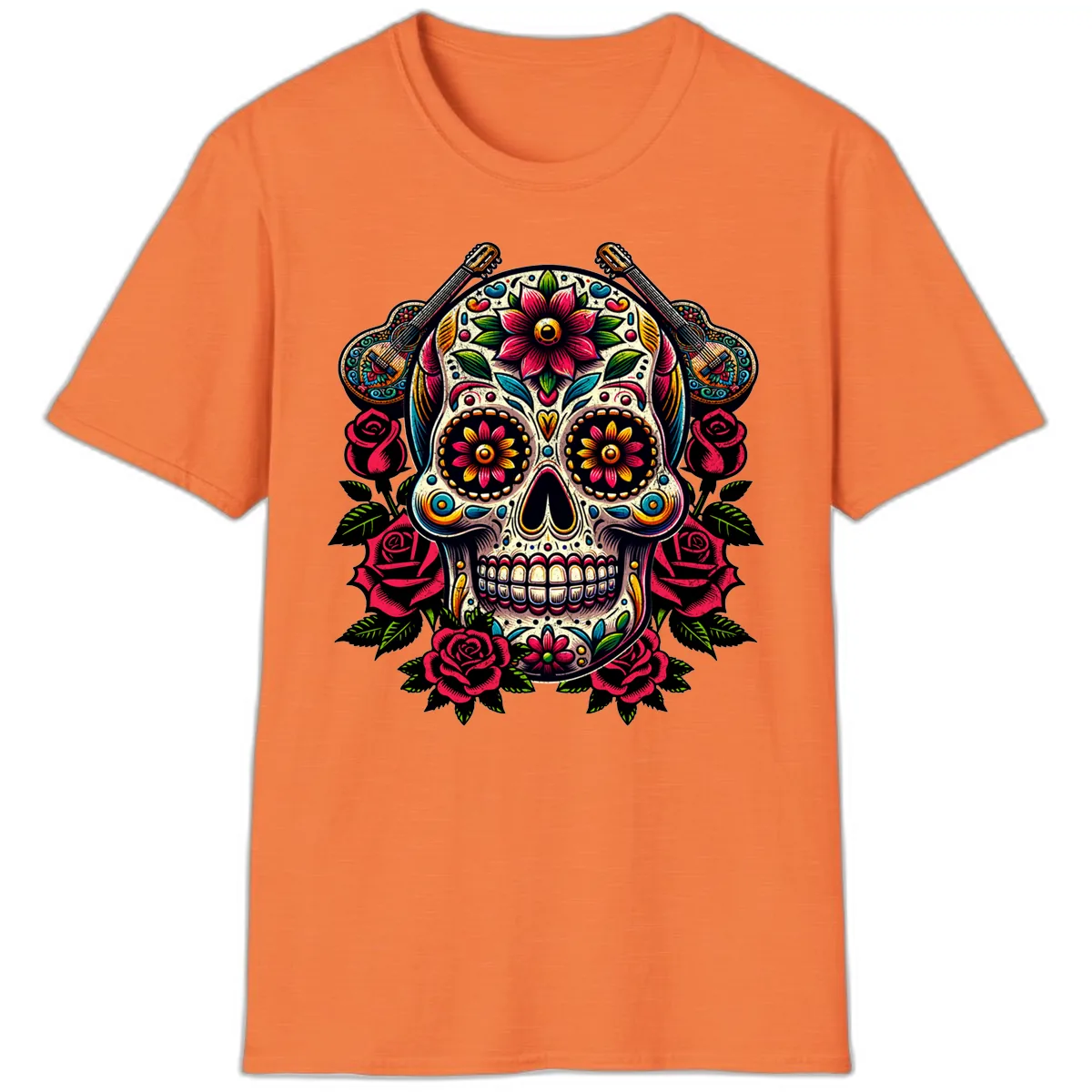 Vibrant Calavera with Guitars and Roses T-Shirt in Heather Orange