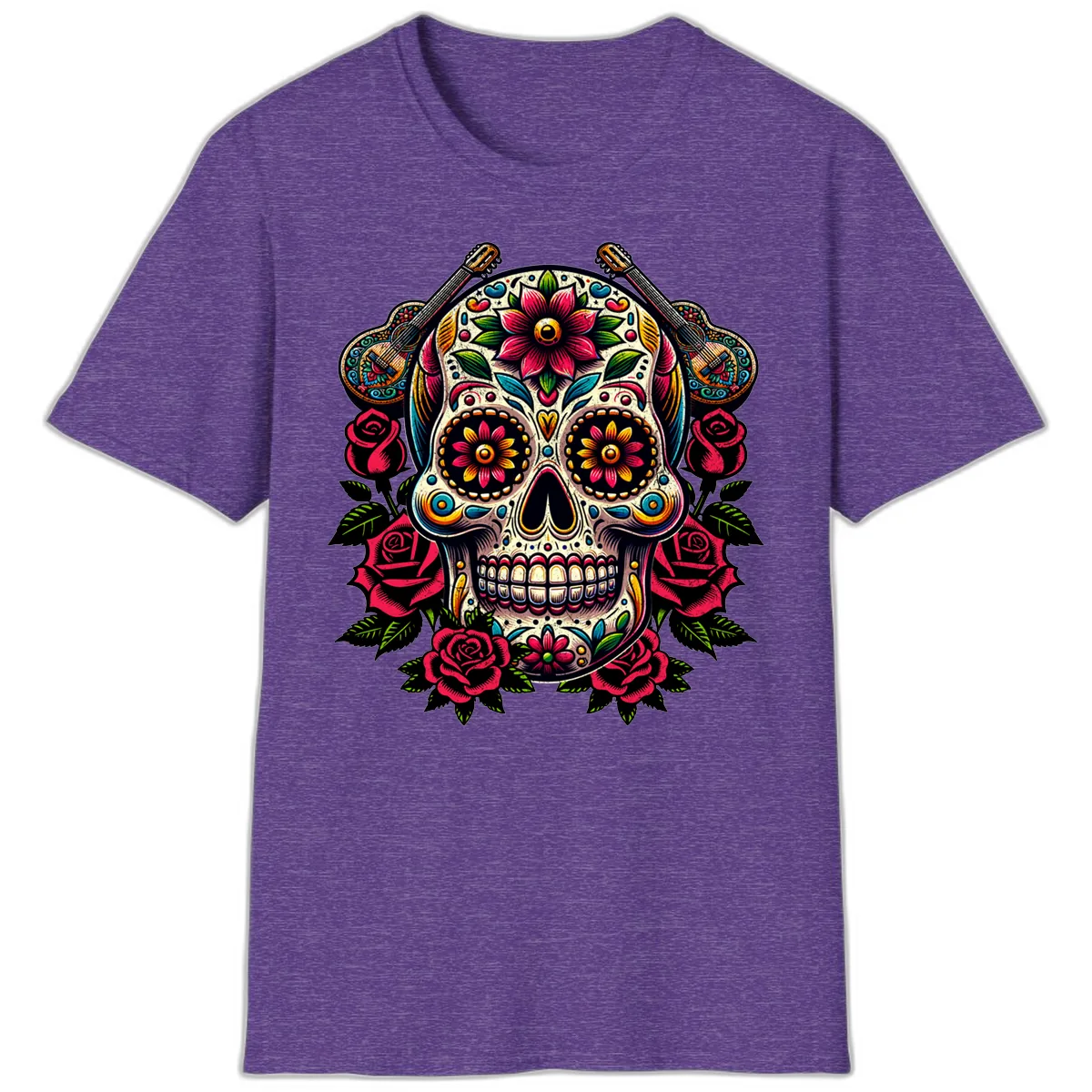 Vibrant Calavera with Guitars and Roses T-Shirt in Heather Purple