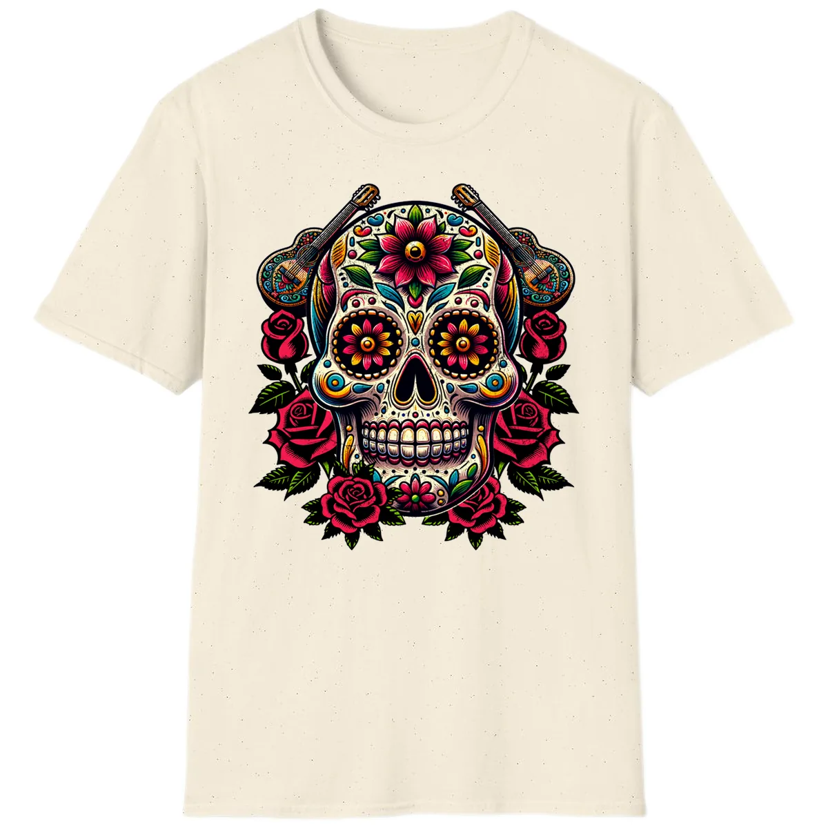 Vibrant Calavera with Guitars and Roses T-Shirt in Natural