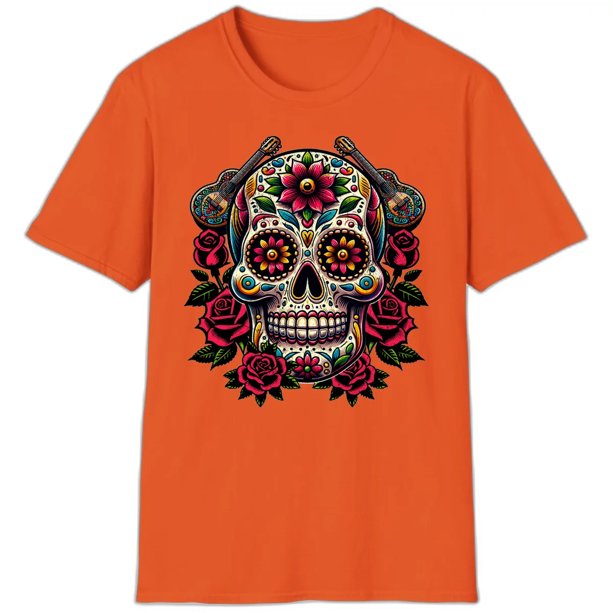 Vibrant Calavera with Guitars and Roses T-Shirt in Orange
