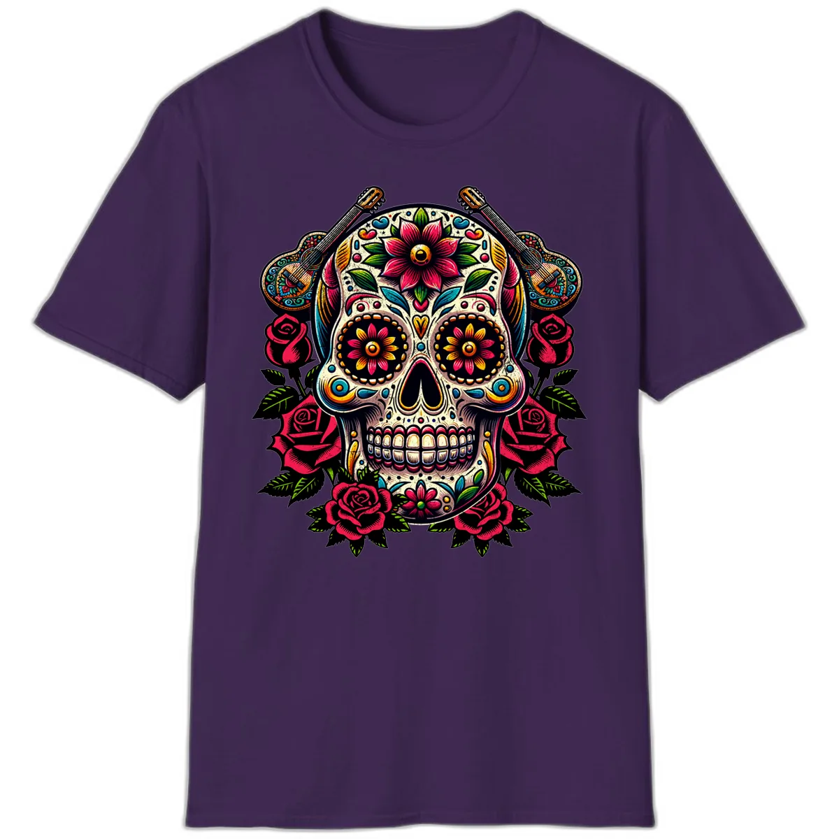 Vibrant Calavera with Guitars and Roses T-Shirt in Purple