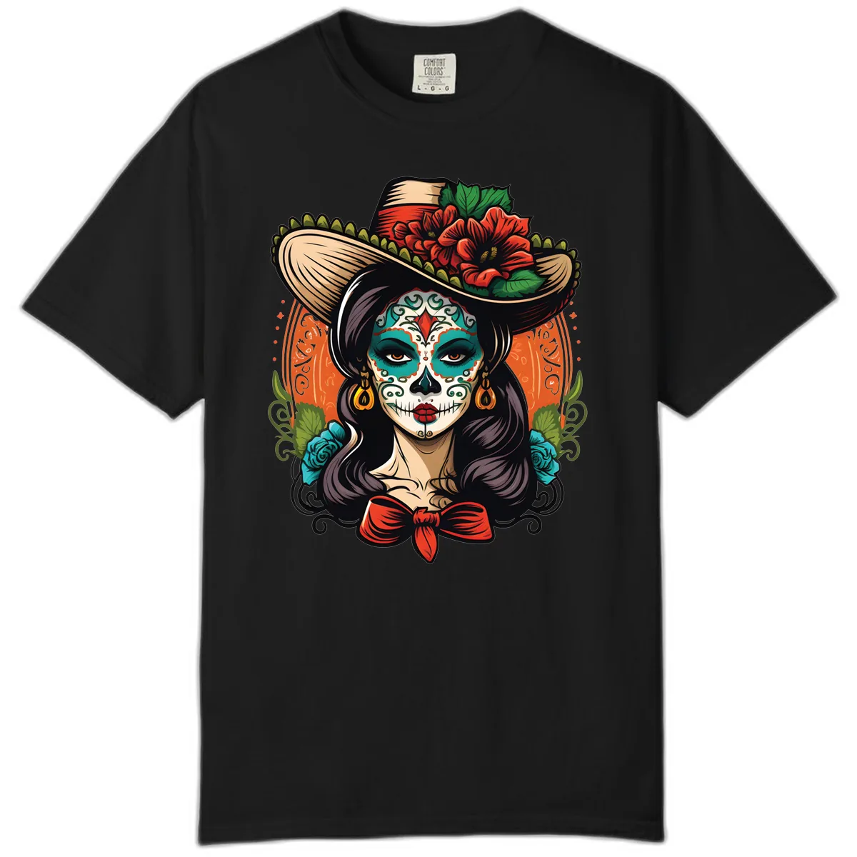 Vibrant Day of the Dead Calavera Lady with Floral Sombrero Comfort Color in Black