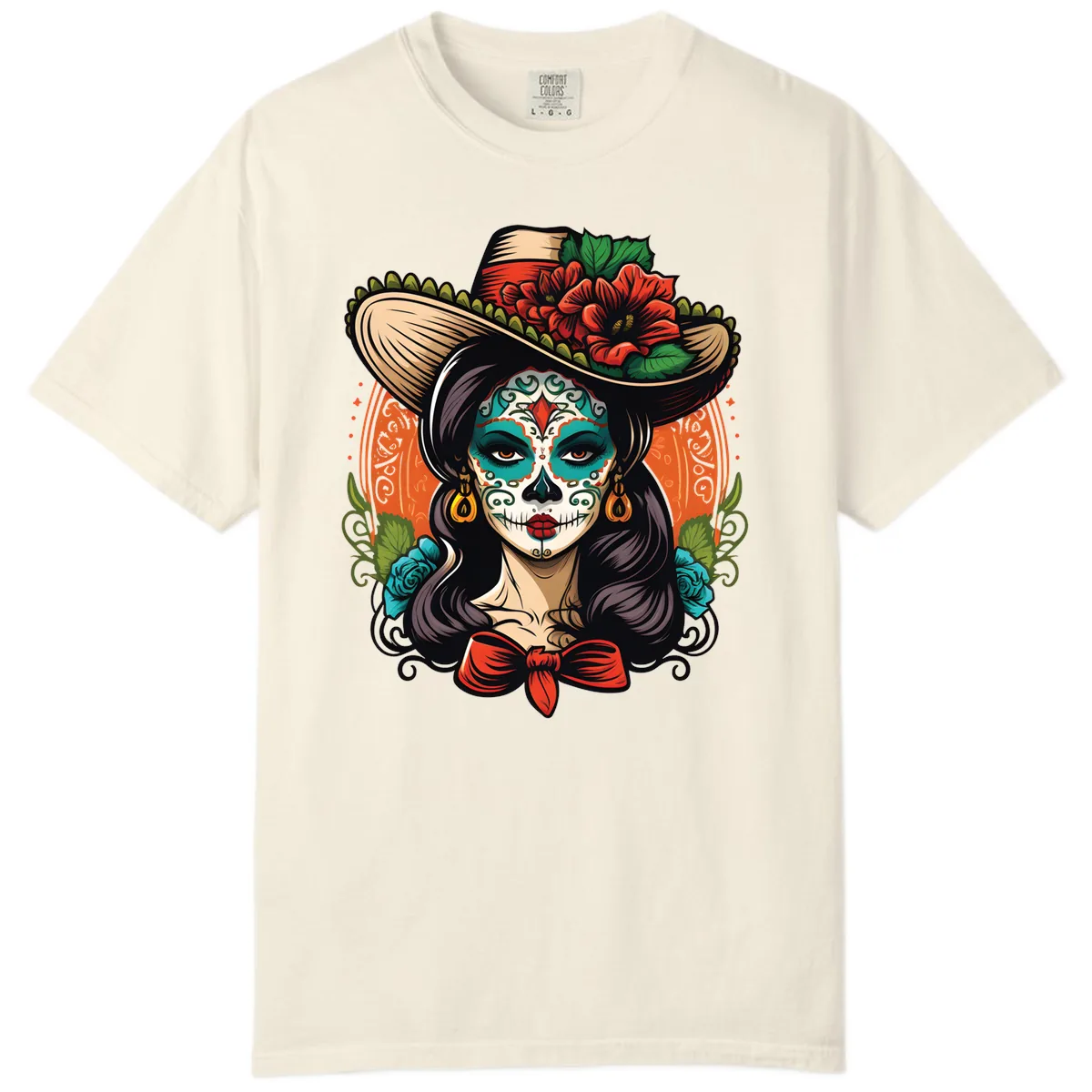 Vibrant Day of the Dead Calavera Lady with Floral Sombrero Comfort Color in Ivory