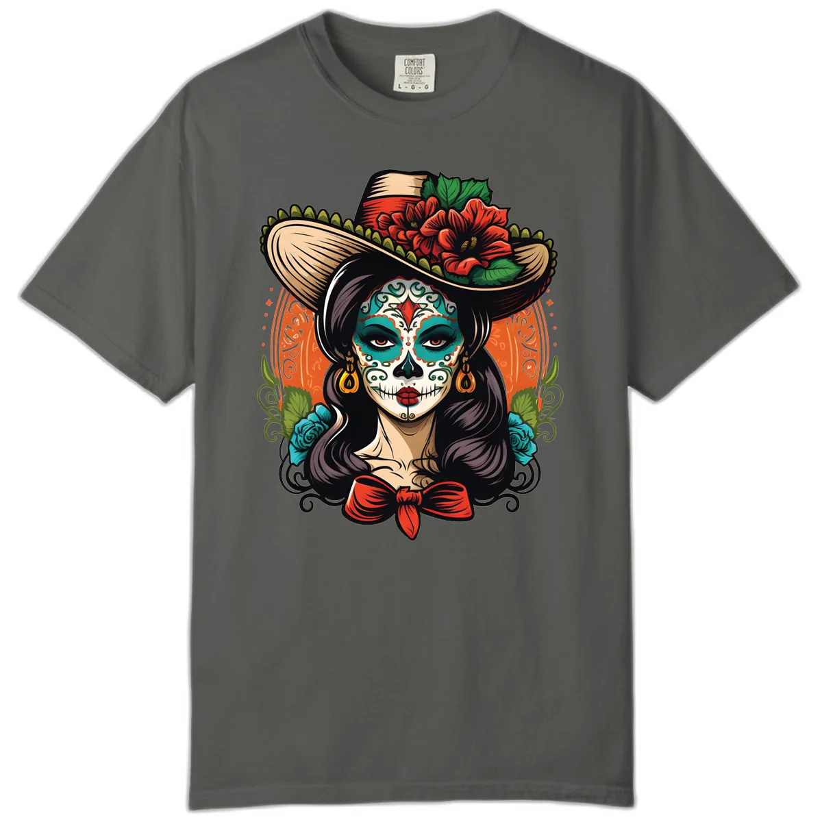 Vibrant Day of the Dead Calavera Lady with Floral Sombrero Comfort Color in Pepper