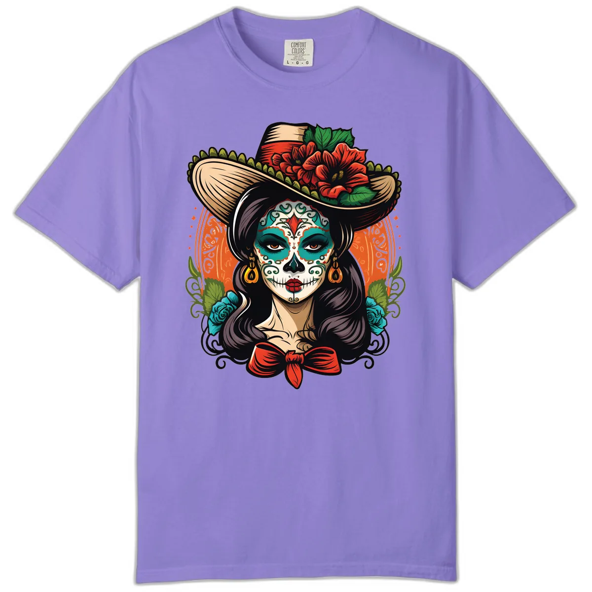 Vibrant Day of the Dead Calavera Lady with Floral Sombrero Comfort Color in Violet