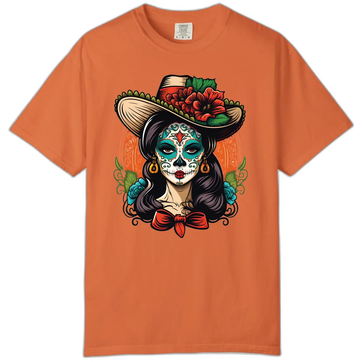 Vibrant Day of the Dead Calavera Lady with Floral Sombrero Comfort Color in Burnt Orange