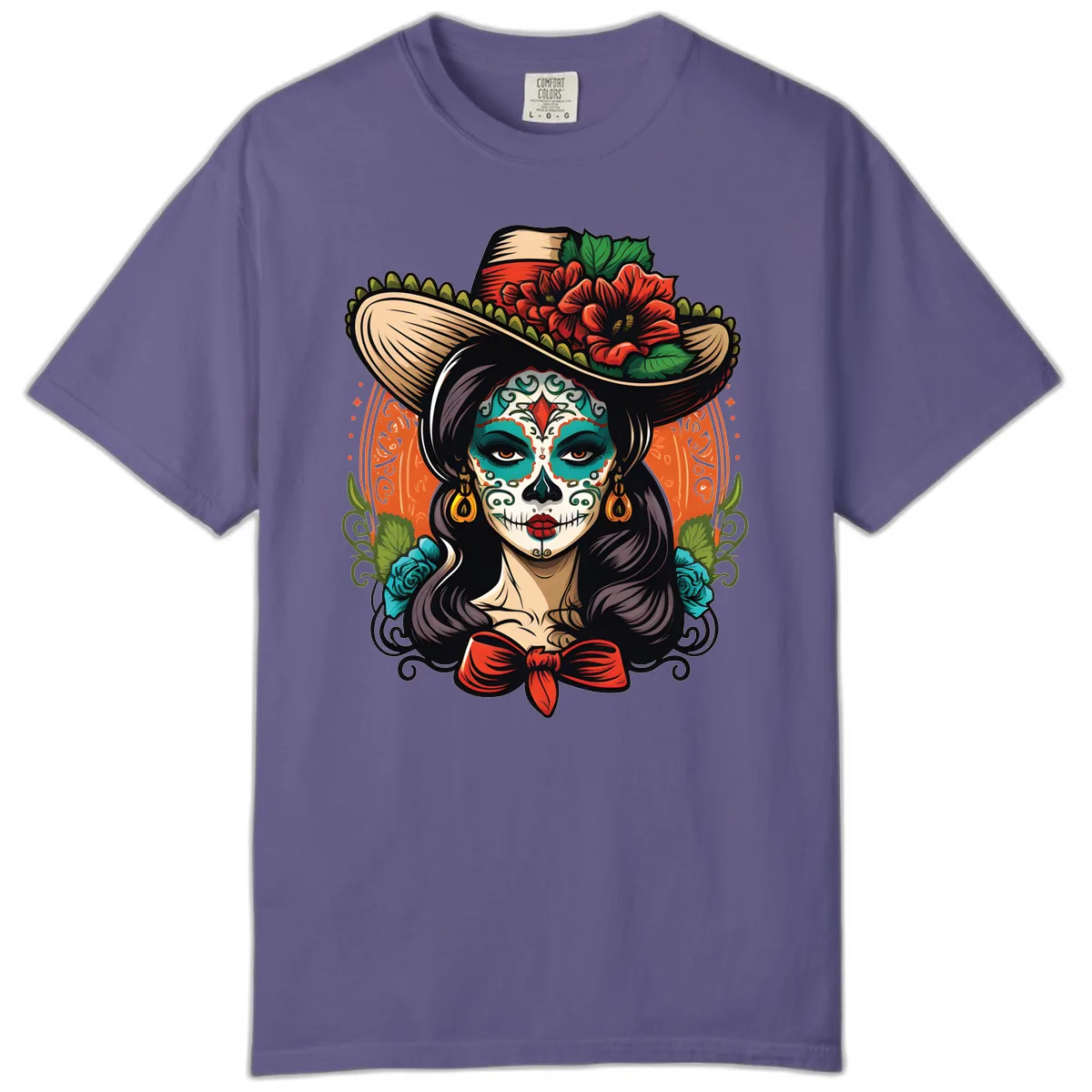 Vibrant Day of the Dead Calavera Lady with Floral Sombrero Comfort Color in Grape