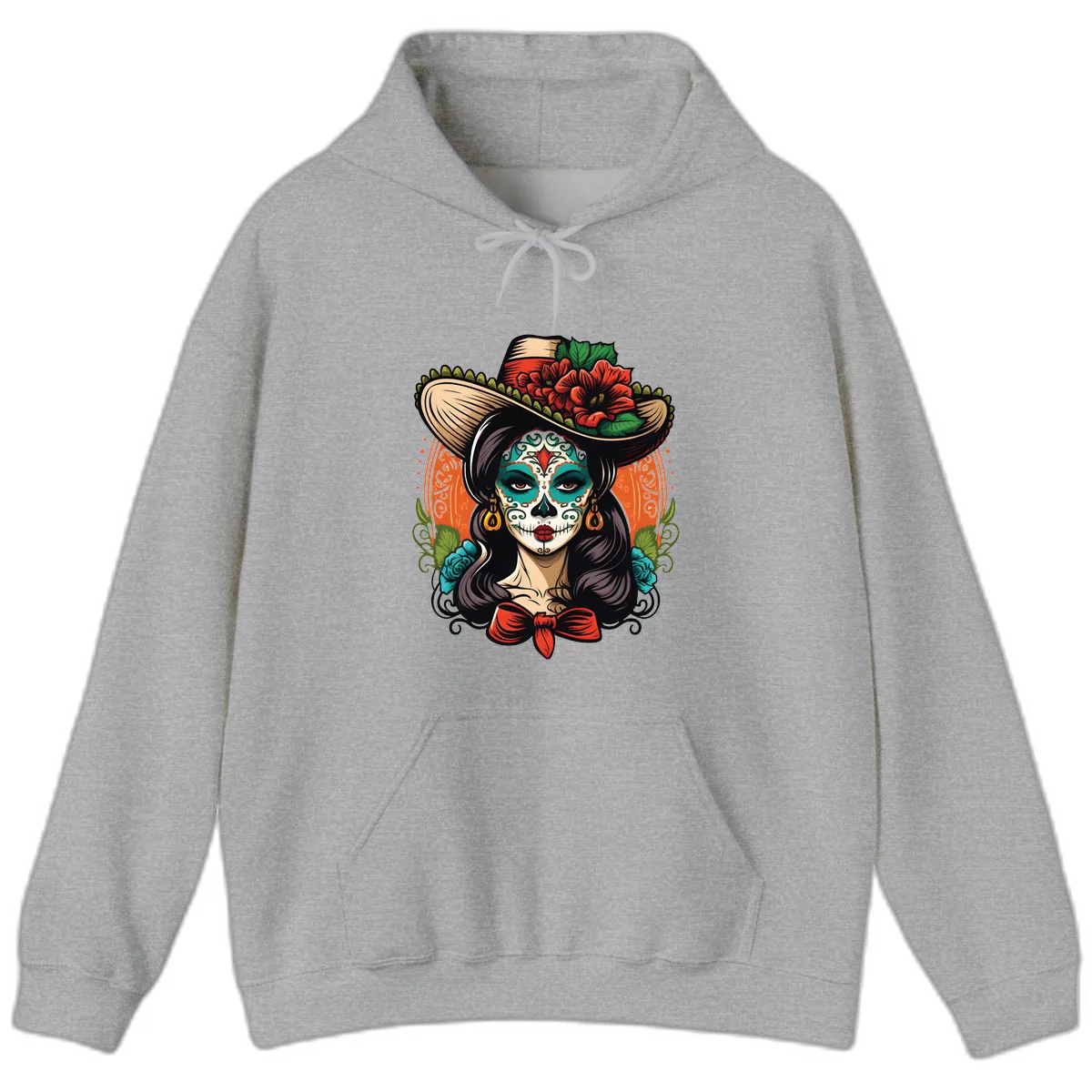 Vibrant Day of the Dead Calavera Lady with Floral Sombrero Hoodie in Sport Grey