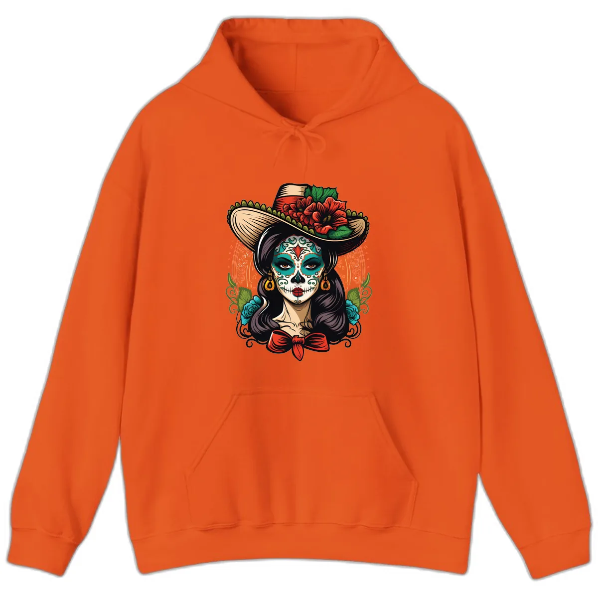 Vibrant Day of the Dead Calavera Lady with Floral Sombrero Hoodie in Orange