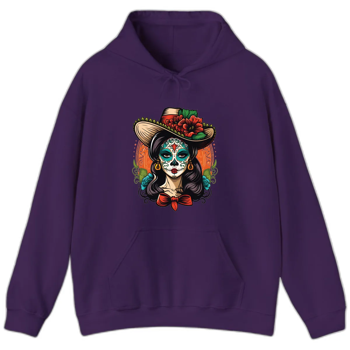 Vibrant Day of the Dead Calavera Lady with Floral Sombrero Hoodie in Purple