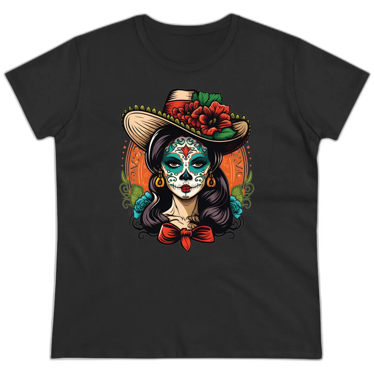 Vibrant Day of the Dead Calavera Lady with Floral Sombrero Ladies Tee in Black