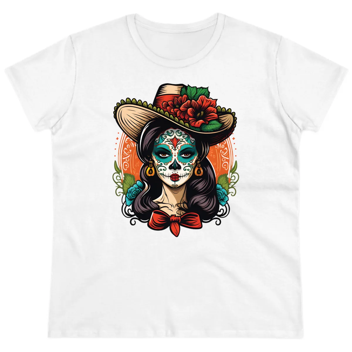 Vibrant Day of the Dead Calavera Lady with Floral Sombrero Ladies Tee in White