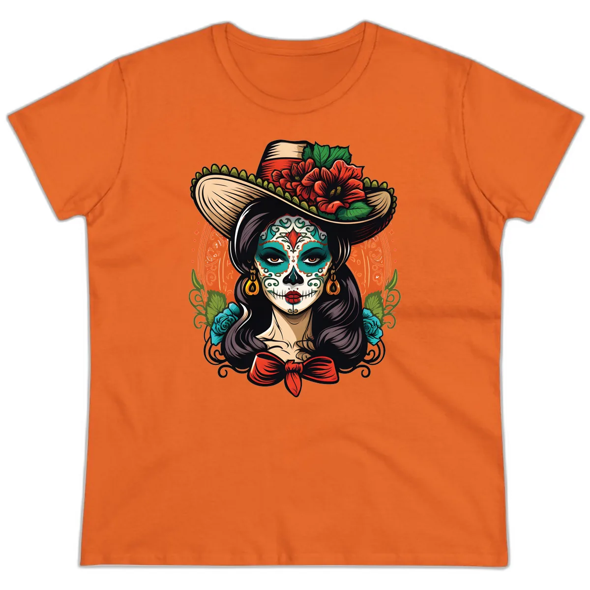 Vibrant Day of the Dead Calavera Lady with Floral Sombrero Ladies Tee in Orange
