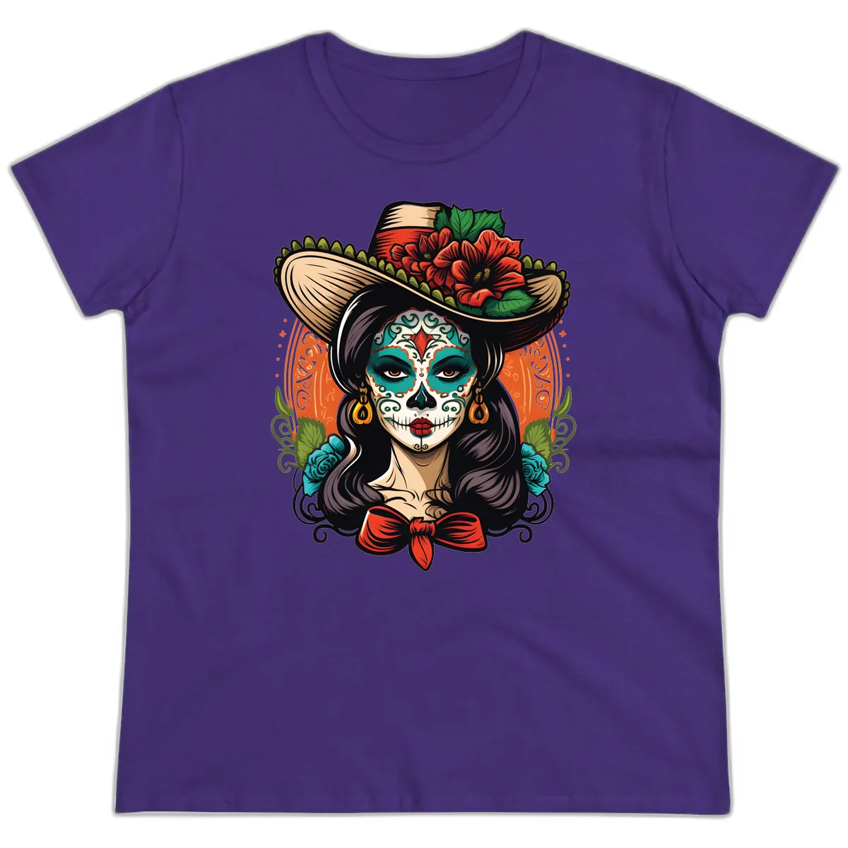 Vibrant Day of the Dead Calavera Lady with Floral Sombrero Ladies Tee in Purple
