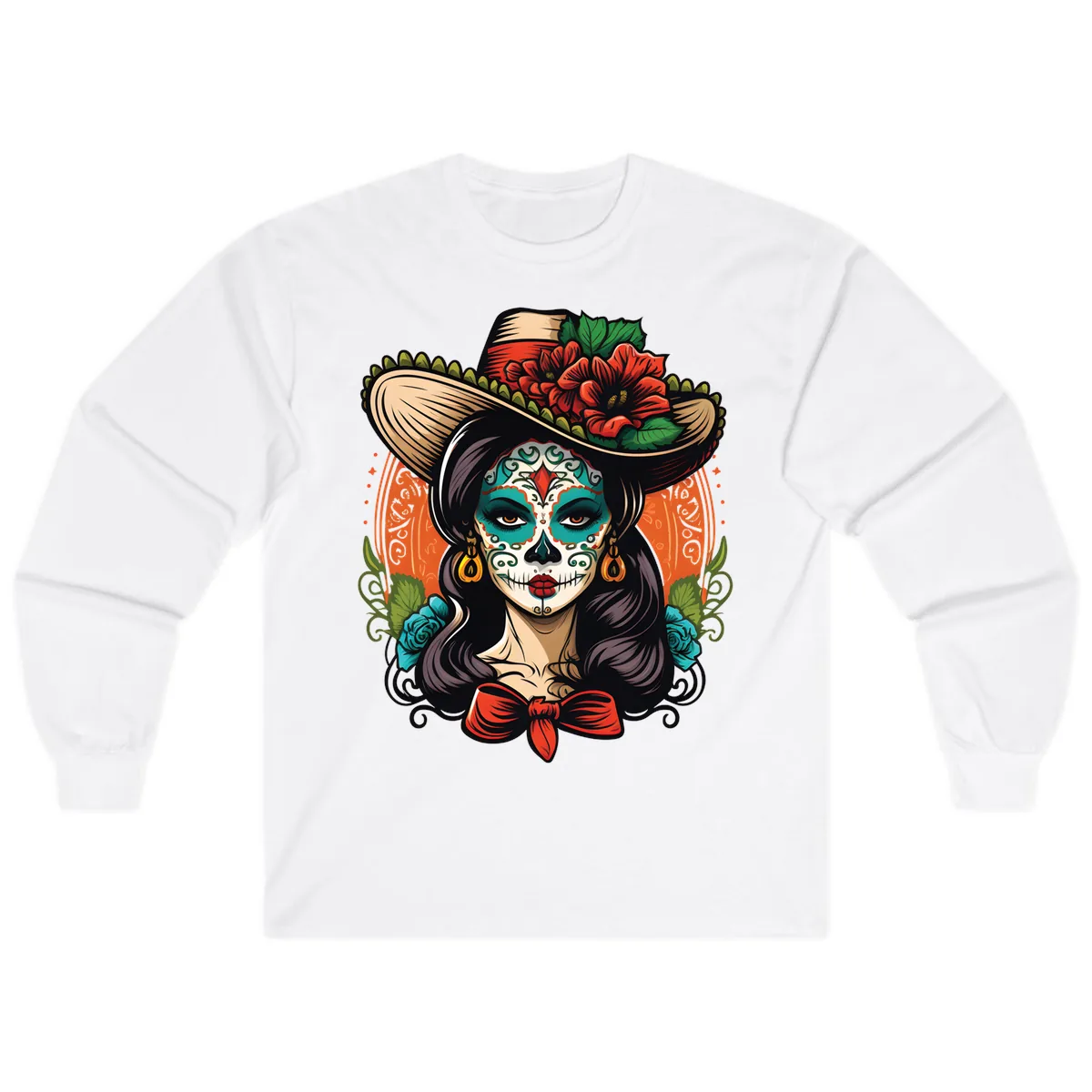 Vibrant Day of the Dead Calavera Lady with Floral Sombrero Long Sleeve in White