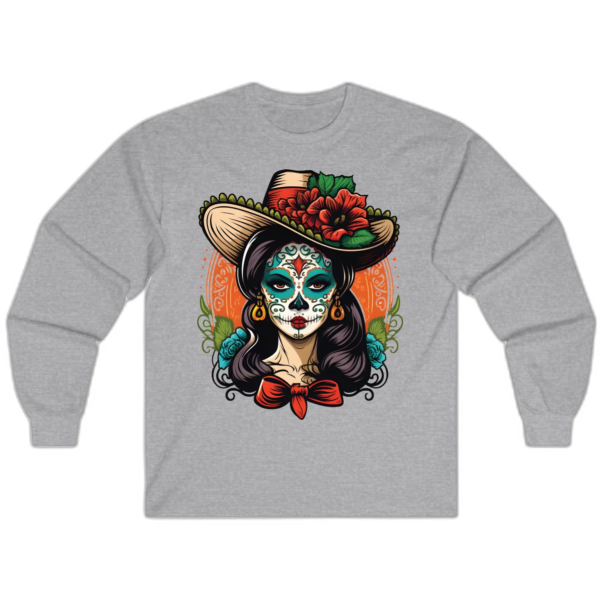 Vibrant Day of the Dead Calavera Lady with Floral Sombrero Long Sleeve in Sport Grey