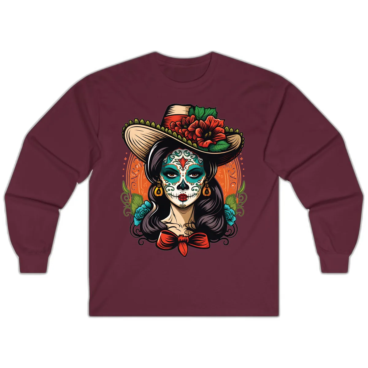 Vibrant Day of the Dead Calavera Lady with Floral Sombrero Long Sleeve in Maroon