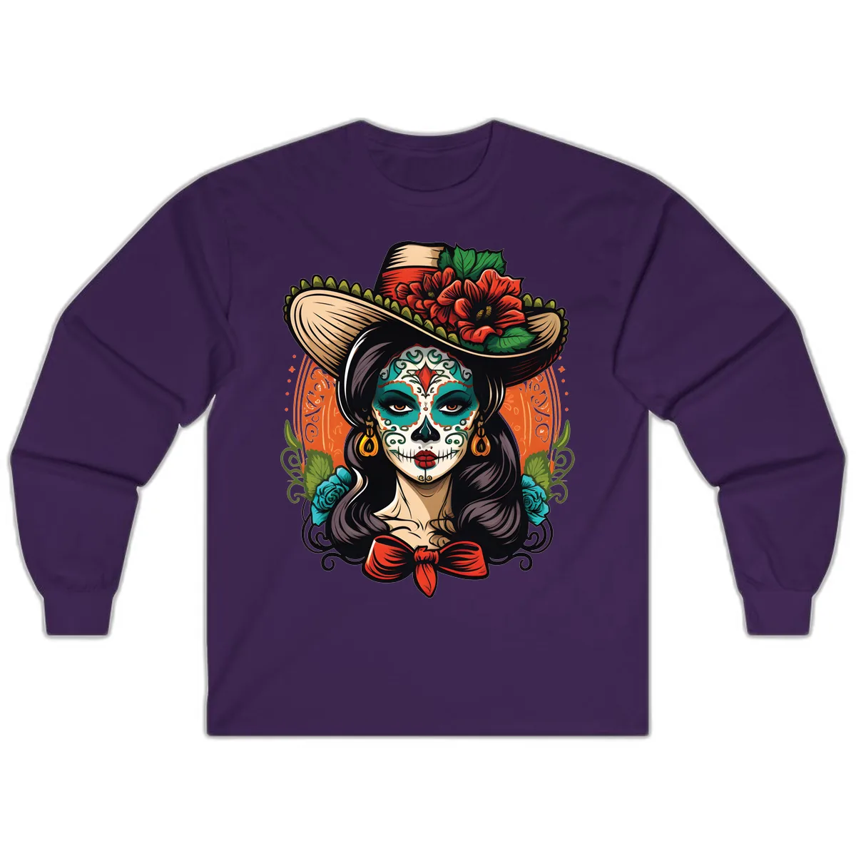 Vibrant Day of the Dead Calavera Lady with Floral Sombrero Long Sleeve in Purple