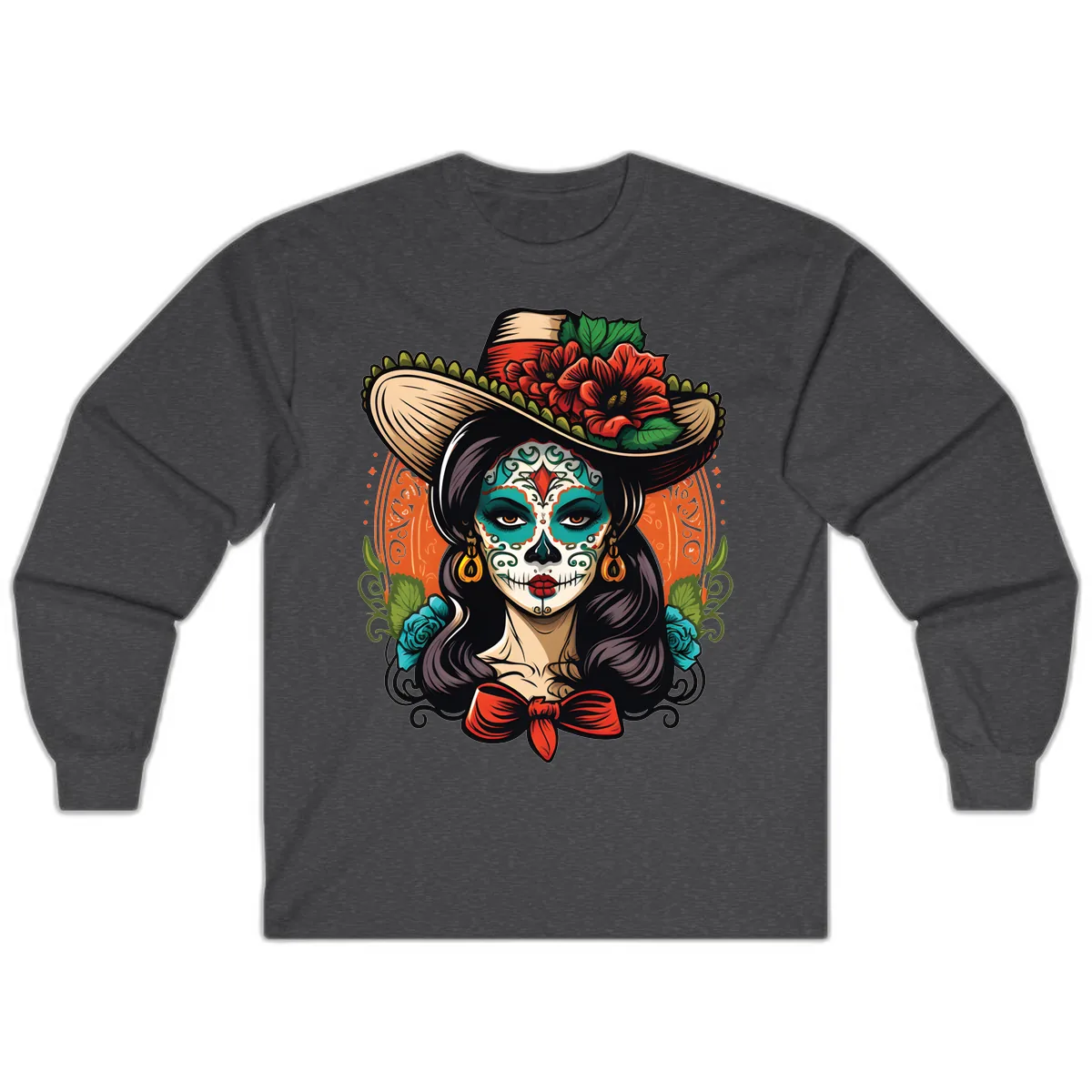 Vibrant Day of the Dead Calavera Lady with Floral Sombrero Long Sleeve in Dark Heather