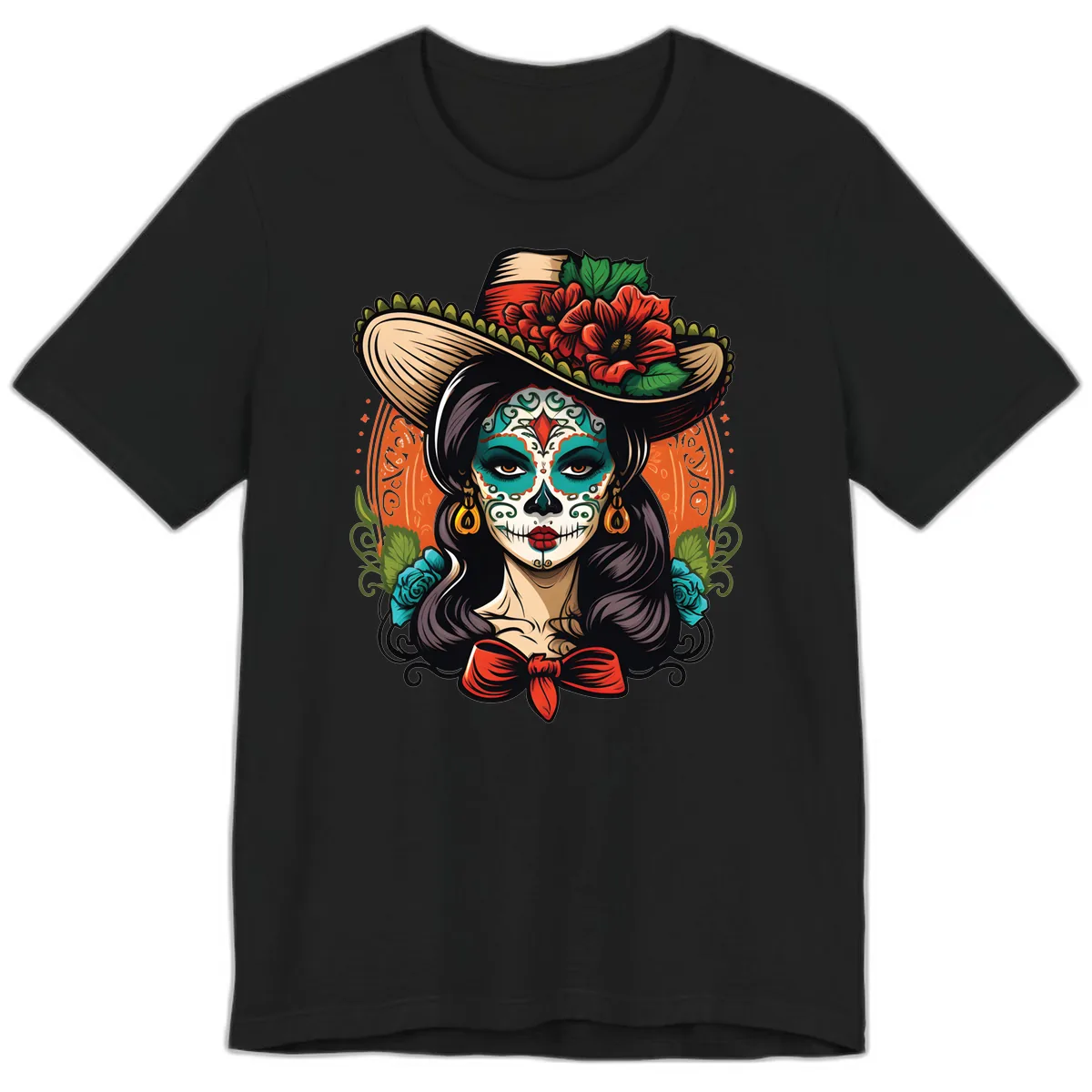 Vibrant Day of the Dead Calavera Lady with Floral Sombrero Premium T-Shirt in Black