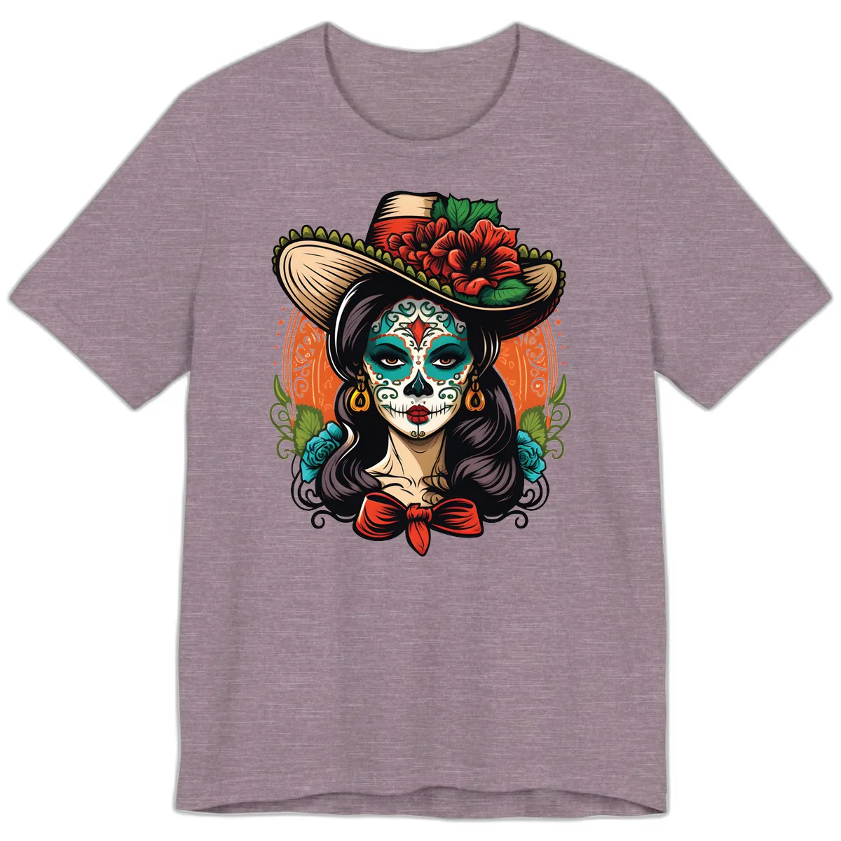 Vibrant Day of the Dead Calavera Lady with Floral Sombrero Premium T-Shirt in Heather Purple